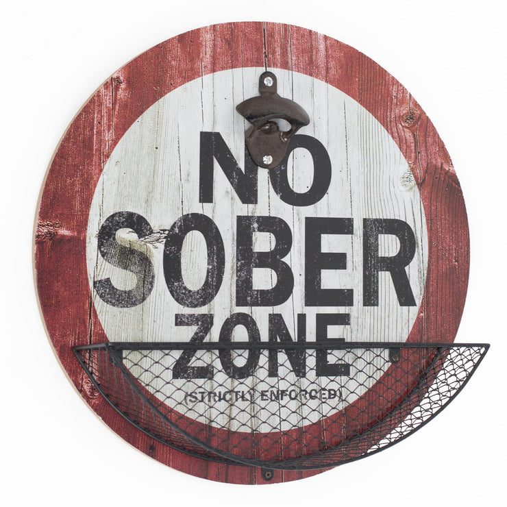Vintage, Rustic 'No Sober Zone' Bottle Opener & Cap Catcher - 14"
