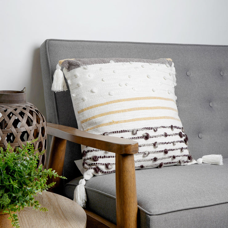 Hand-Woven White/Brown/Yellow Boho Decorative Throw Pillow - 18" x 17"