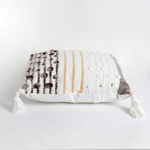 Hand-Woven White/Brown/Yellow Boho Decorative Throw Pillow - 18" x 17"