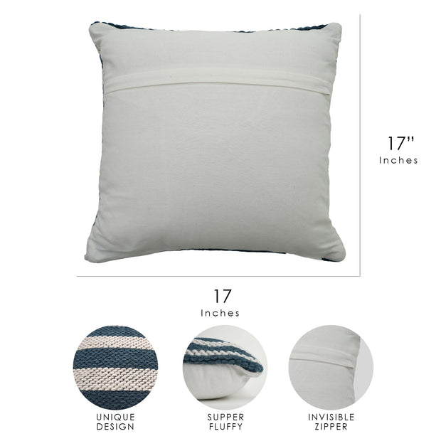 Hand-Woven Blue & White Boho Moroccan Decorative Throw Pillow - 17x17