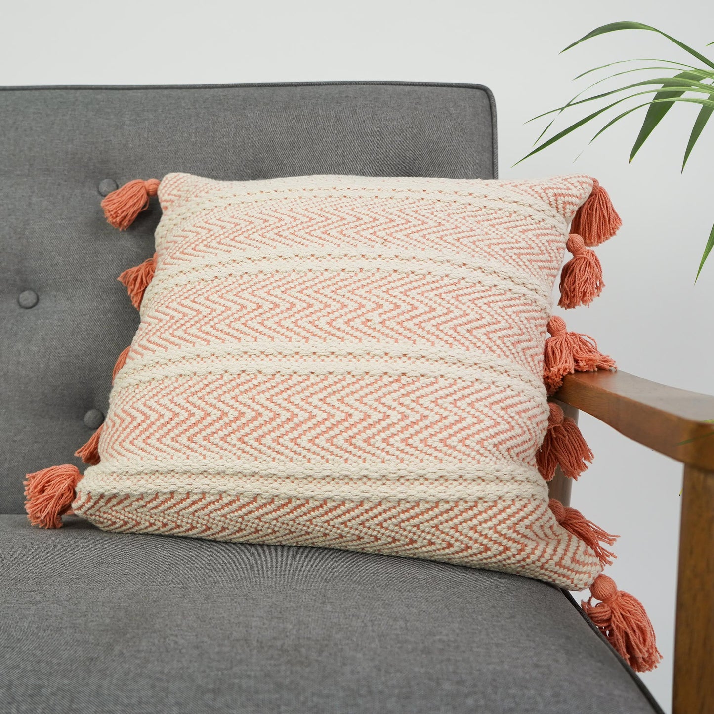 Hand-Woven Orange Peach Boho Moroccan Decorative Throw Pillow - 17x17