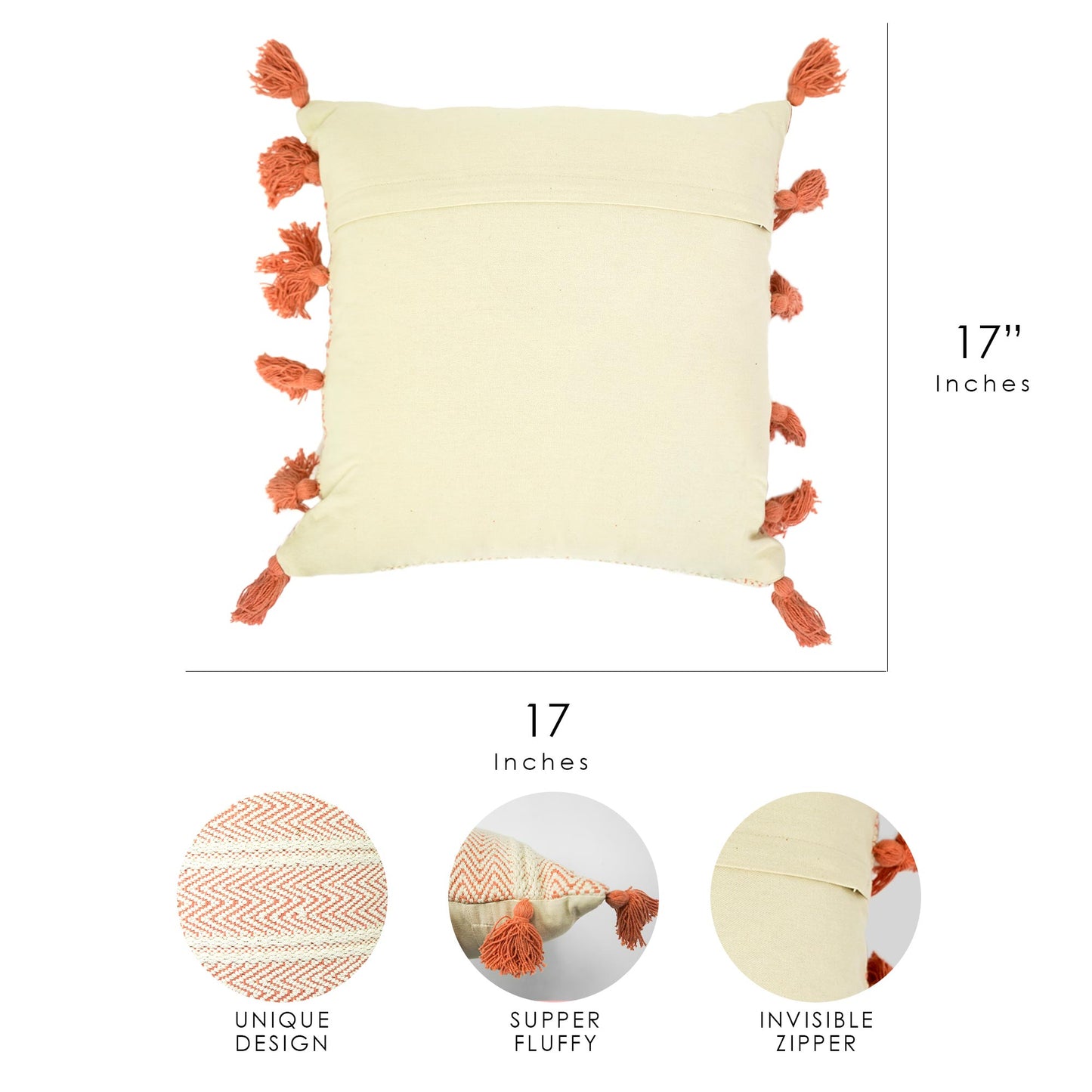 Hand-Woven Orange Peach Boho Moroccan Decorative Throw Pillow - 17x17