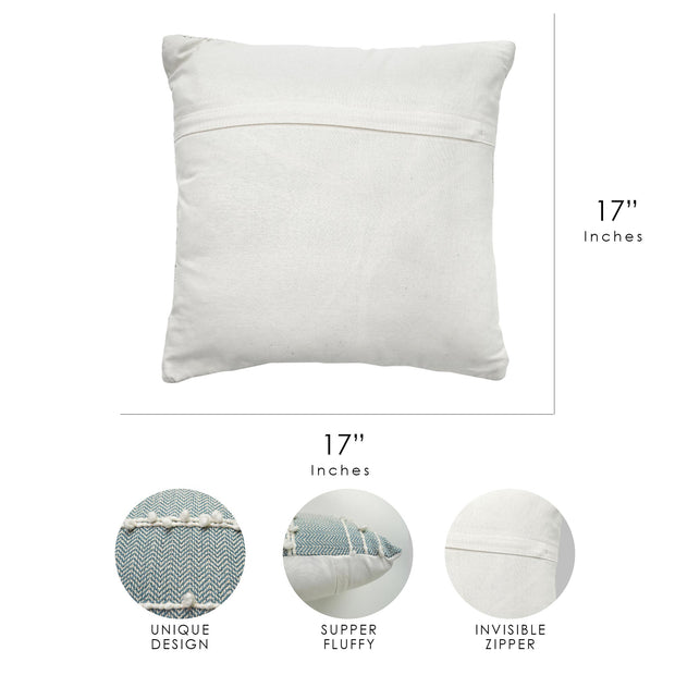 Hand-Woven Blue & White Boho Moroccan Decorative Throw Pillow - 17x17
