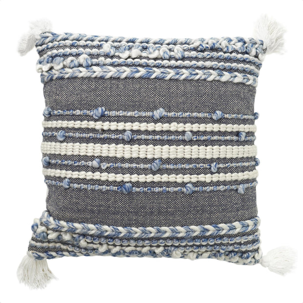 Hand-Woven Blue & White Boho Moroccan Decorative Throw Pillow - 17x17