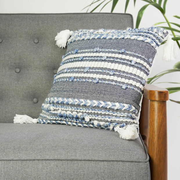 Hand-Woven Blue & White Boho Moroccan Decorative Throw Pillow - 17x17