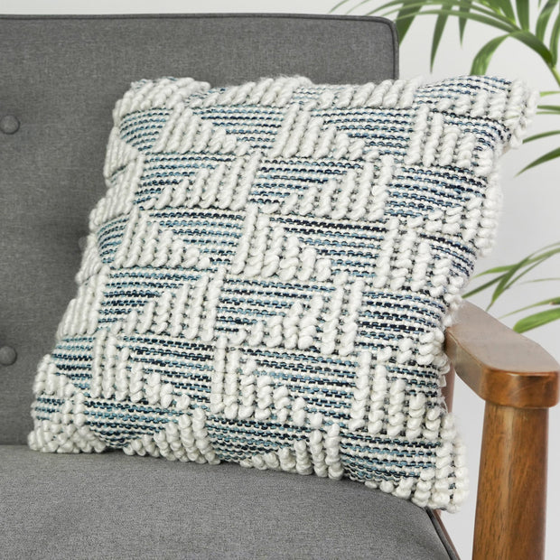 Hand-Woven Blue & Cream Boho Decorative Throw Pillow - 17.5" x 17"