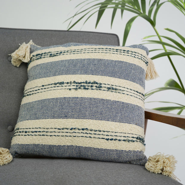 Hand-Woven Blue & Natural Boho Decorative Throw Pillow - 17" x 17.5"