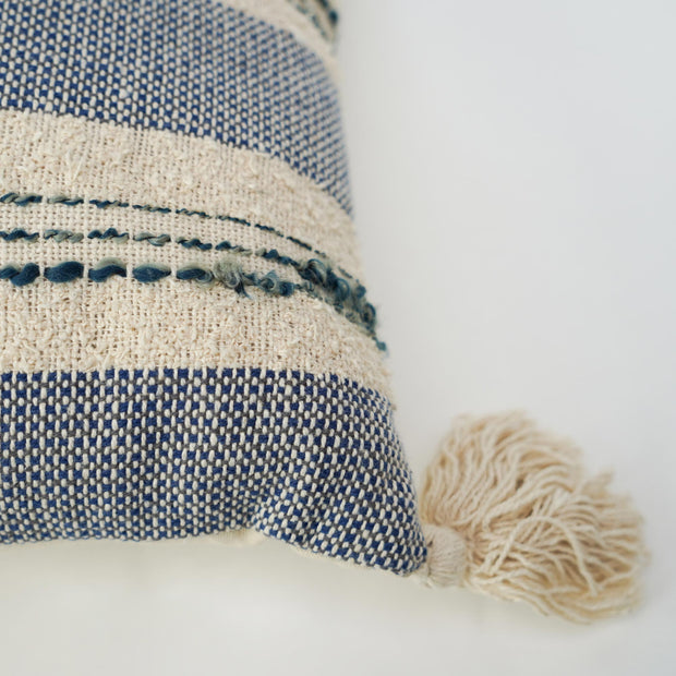 Hand-Woven Blue & Natural Boho Decorative Throw Pillow - 17" x 17.5"