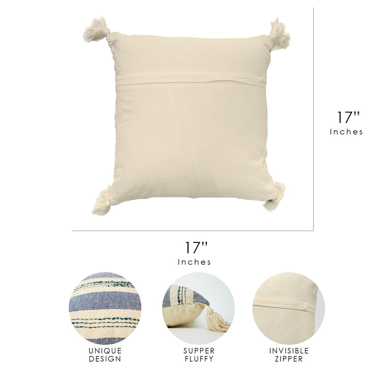 Hand-Woven Blue & Natural Boho Decorative Throw Pillow - 17" x 17.5"
