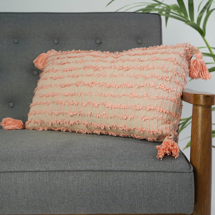 Hand-Woven Pink & Natural Boho Decorative Throw Pillow - 23" x 13"