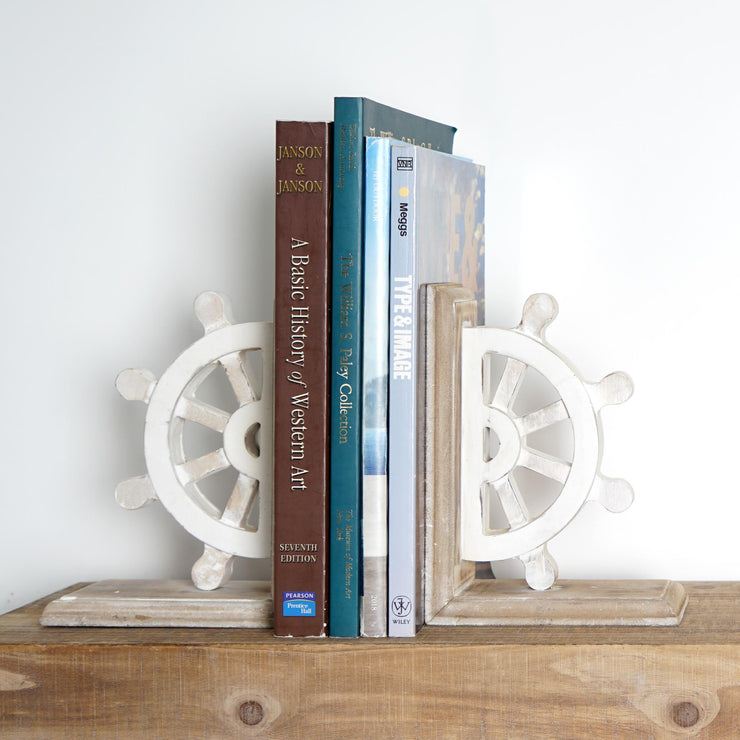 Distressed Wood Vintage Nautical Ship Wheel Bookends (Set of 2)