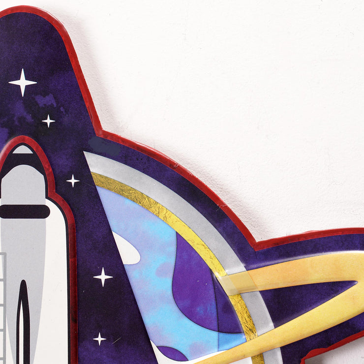 Space Rocket Embossed Shaped Metal Sign