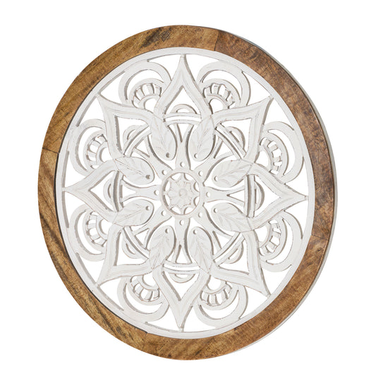 Distressed Wood Framed Round White Floral Wall Accent Medallion - 24"