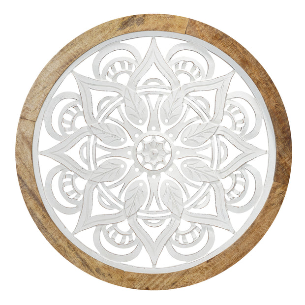 Distressed Wood Framed Round White Floral Wall Accent Medallion - 24"
