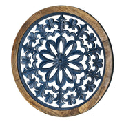 Distressed Wood Framed Round Navy Blue Floral Wall Art Medallion - 24"