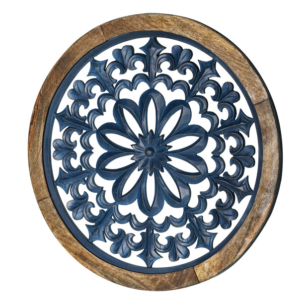 Distressed Wood Framed Round Navy Blue Floral Wall Art Medallion - 24"