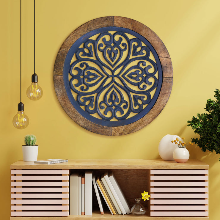 Distressed Wood Framed Round Navy Blue Wall Accent Medallion Art - 16"