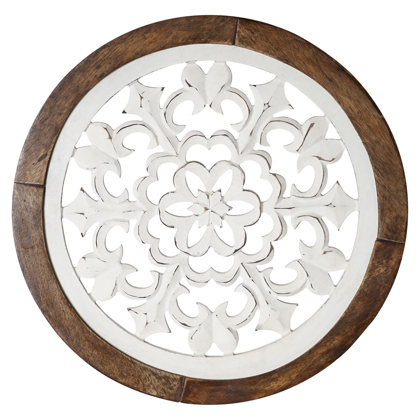 Distressed Wood Framed Round White Arabesque Wall Accent Medallion 16"