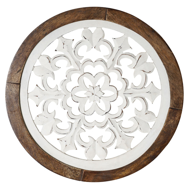 Distressed Wood Framed Round White Arabesque Wall Accent Medallion 16"