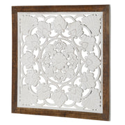 Distressed Wood Framed Square Floral White Wall Medallion  - 24" x 24"