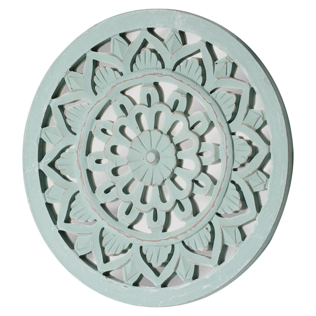 Distressed Reflective Round Green Floral Wood Wall Art Medallion - 16"
