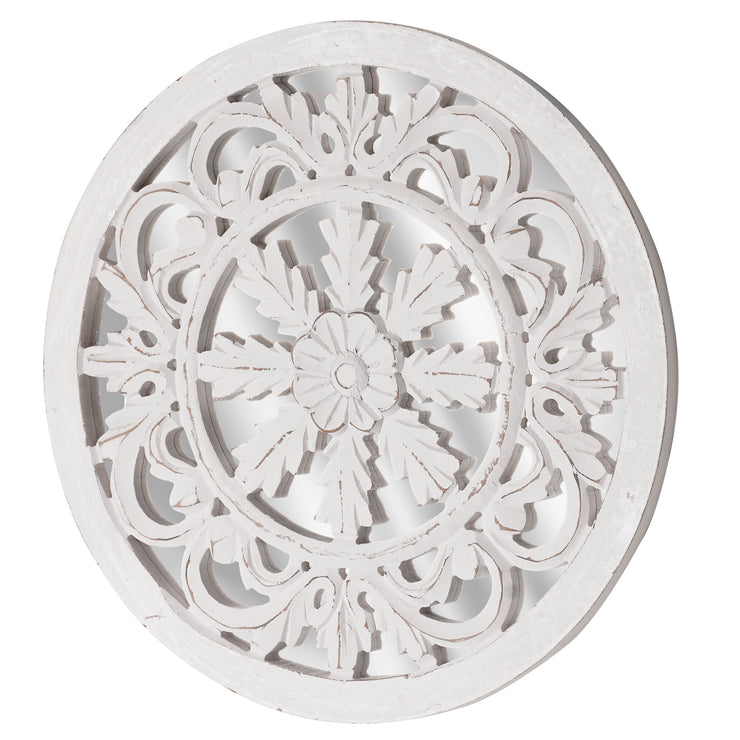 Distressed Reflective Hand-Carved White Wood Wall Accent Medallion 16"