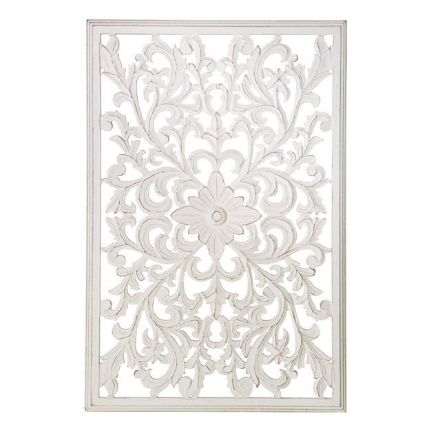 Hand-Carved Distressed White Floral Wood Wall Medallion  - 24" x 36"