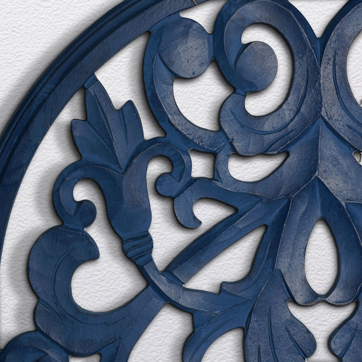 Hand-Carved Arched Navy Blue Wood Wall Accent Medallion - 24" x 36"