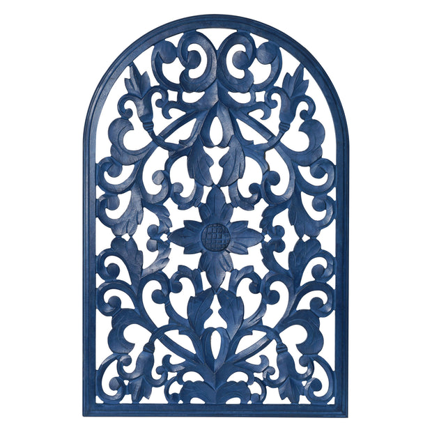 Hand-Carved Arched Navy Blue Wood Wall Accent Medallion - 24" x 36"