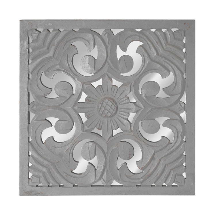 Distressed Reflective Grey Floral Wood Square Wall Medallion - 16"x16"
