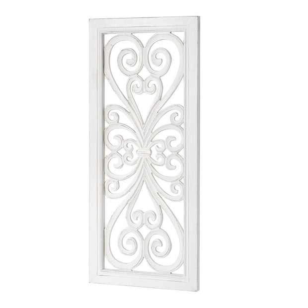 Distressed Hand-Carved White Wood Wall Accent Medallion Panel - 16x36