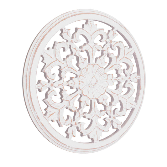 Hand-Carved Floral Latticework Circle Wood Wall Medallion - White (16")