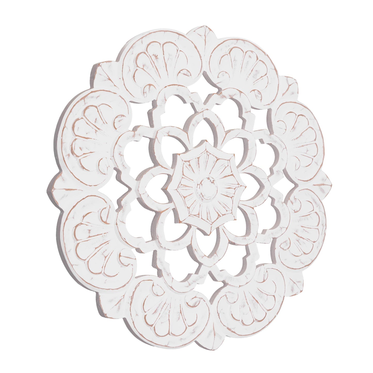 Traditional Hand-Carved India Wood Medallion, Large - White (24")