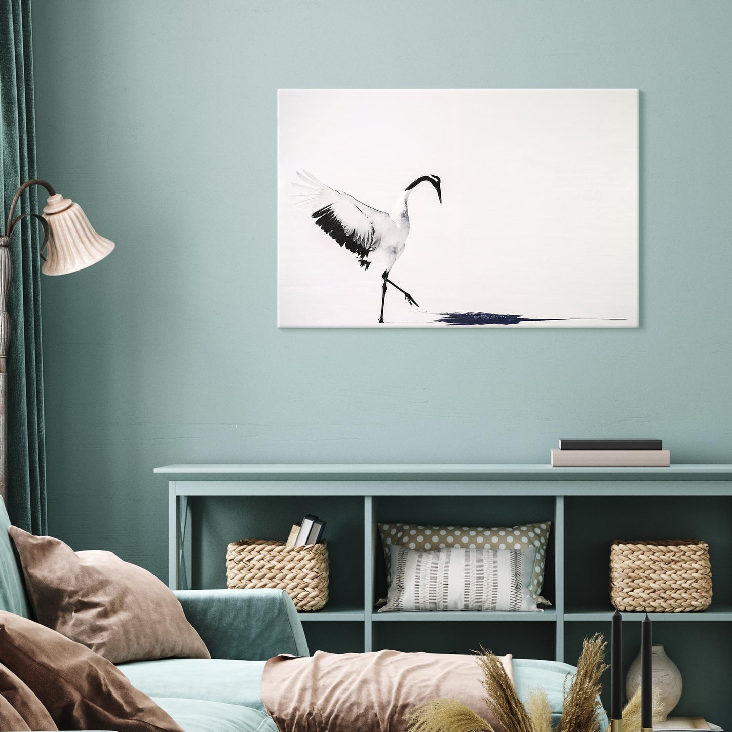 White Crane Bird Shadow Glossy Lacquer Canvas Wall Art Print - 36"x24"