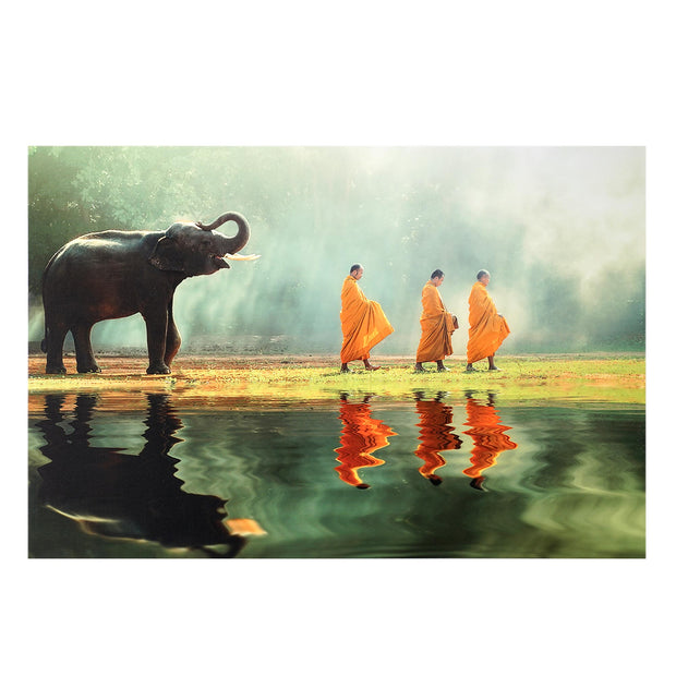 Elephant and Monks Walking Meditation Glossy Canvas Art Print, 36"x24"
