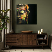 Colorful Buddha Face Glossy Lacquer Canvas Wall Art Print - 30" x 30"
