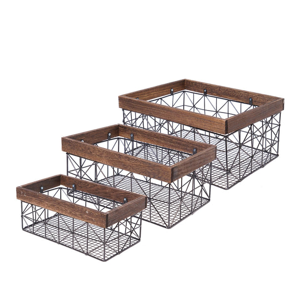 Contemporary Black and Walnut Metal and Wood Storage Basket Set of 3