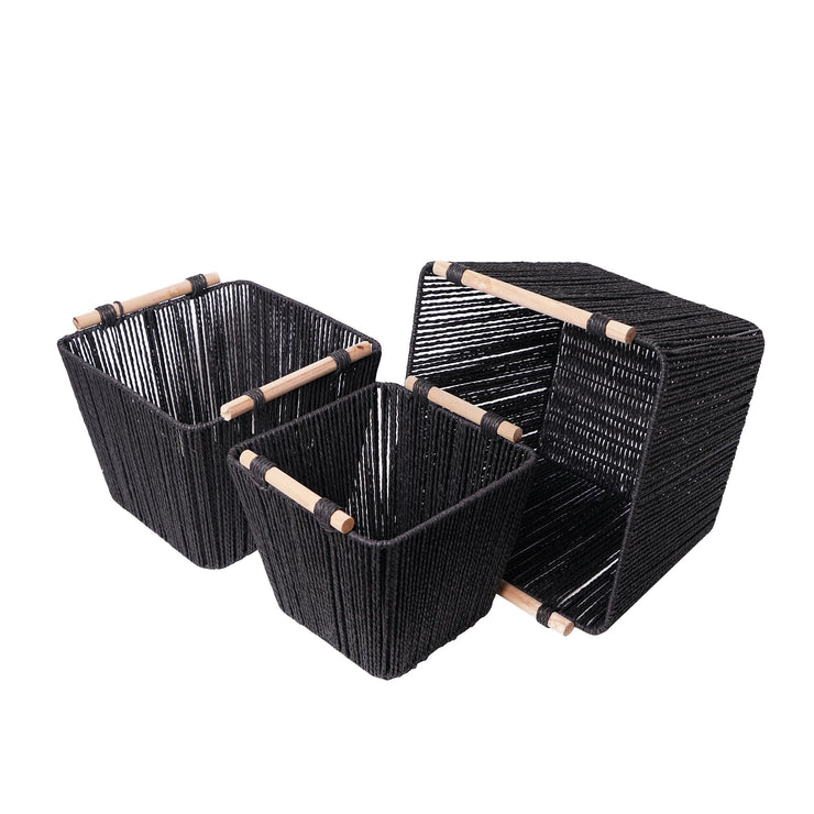 Boho Black Paper and Natural Rope Woven Storage Basket with Handles Set of 3