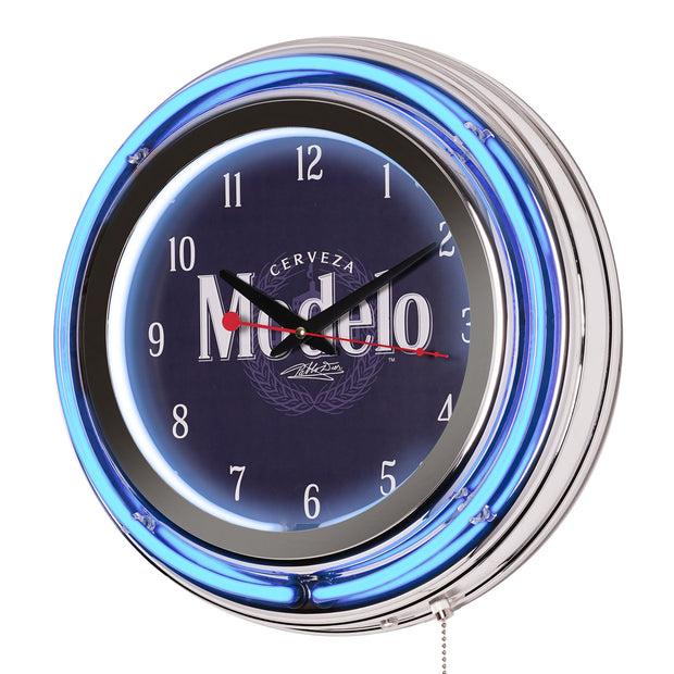 Modelo Retro Round Neon Wall Analog Clock with Pull Chain - 14.5"