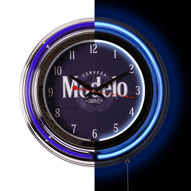 Modelo Retro Round Neon Wall Analog Clock with Pull Chain - 14.5"