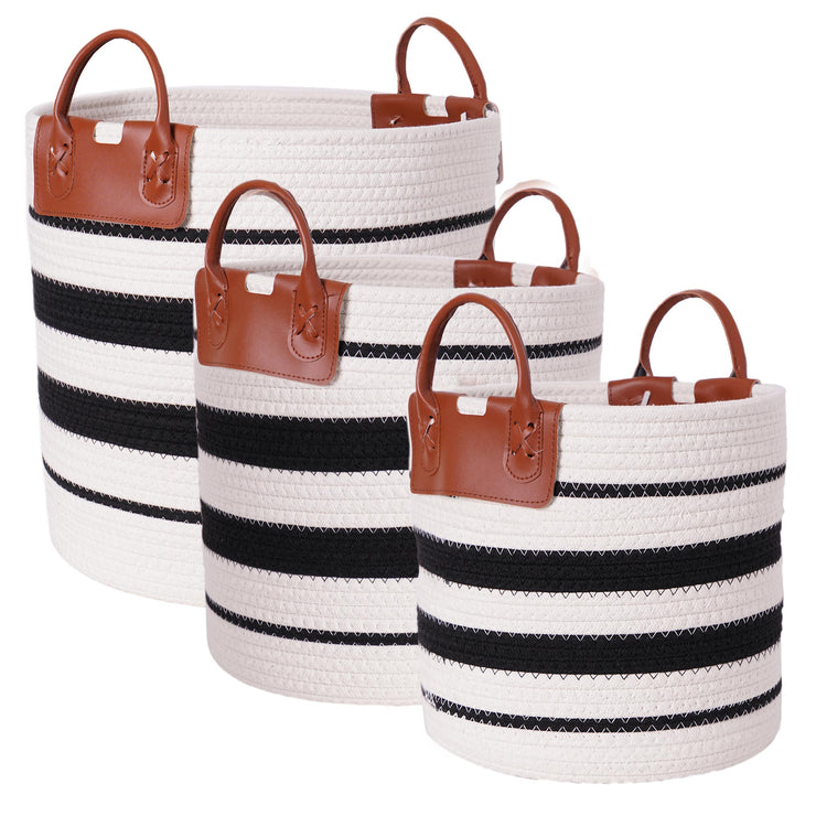 Boho Black and White Striped Woven Cotton Rope Basket Set of 3