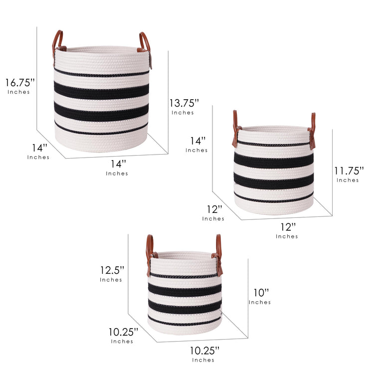 Boho Black and White Striped Woven Cotton Rope Basket Set of 3