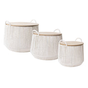 Boho White and Natural Paper Rope Woven Storage Baskets with Wooden Lids Set of 3
