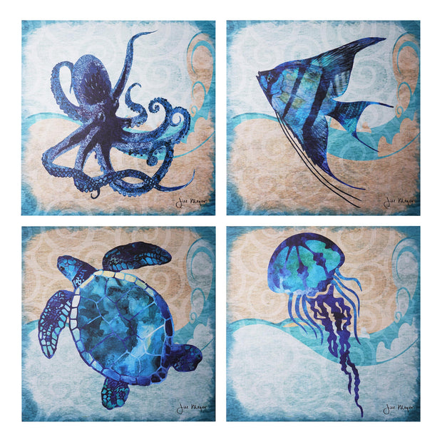 Beach Dark Blue Ocean Animal Angelfish Sea Turtle Octopus Jellyfish Canvas Art - 16" x 16"