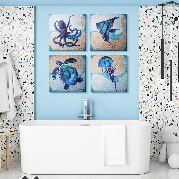 Beach Dark Blue Ocean Animal Angelfish Sea Turtle Octopus Jellyfish Canvas Art - 20" x 20"