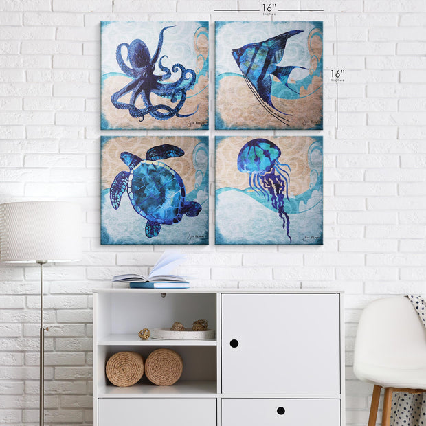 Beach Dark Blue Ocean Animal Angelfish Sea Turtle Octopus Jellyfish Canvas Art - 20" x 20"