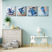 Beach Dark Blue Ocean Animal Angelfish Sea Turtle Octopus Jellyfish Canvas Art - 24" x 24"