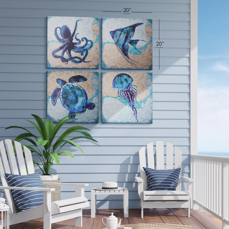 Beach Dark Blue Ocean Animal Angelfish Sea Turtle Octopus Jellyfish Canvas Art - 24" x 24"