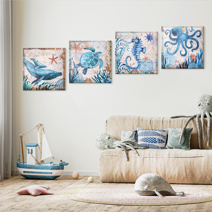Nautical Beach Themed Seahorse Whales Sea Turtle Octopus Ocean Canvas Art - 16" x 16"