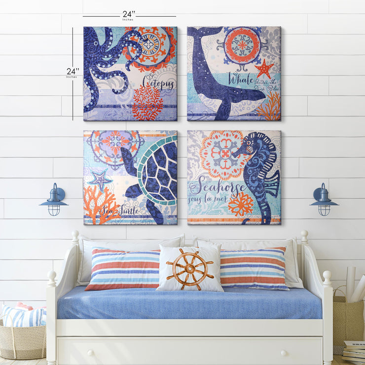 Coastal Ocean Whale Turtle Octopus Seahorse Nautical Beach Themed Canvas Art - 24" x 24"